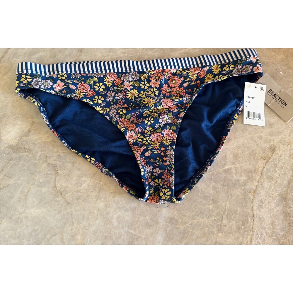 NWT Kenneth Cole Reaction Floral Striped Bikini Bottoms Navy Multi RS8V497 L